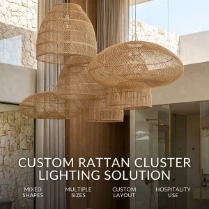 Custom Rattan Cluster Chandelier Large Woven Pendant Light for Hotel Lobby Villa Staircase Hospitality Project