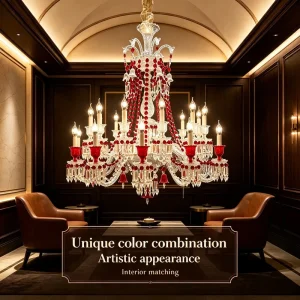 Custom Red Crystal Chandelier with Glass Candle Design for Restaurant Dining Hall Wedding Venue and Luxury Interior Projects
