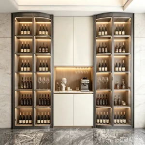 Custom Size Light Solid Wood Modern White Gold Frame Glass Door Wine Rack Cabinet Home Bar Liquor Display