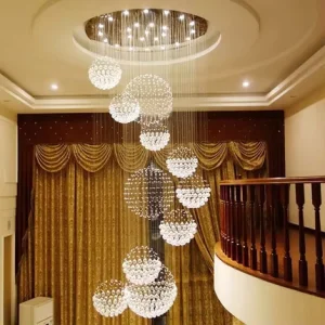 Custom Spherical Crystal Chandelier Multi-Ball LED Pendant Light for Villa Staircase High Ceiling