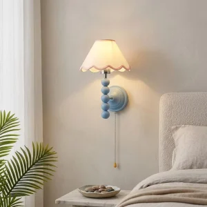 Custom Vintage French Country Living Room Nursery Modern Simple Pastel Blue Beaded Wall Sconce Fabric Wall Decor Lamp
