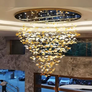 Customizable Adjustable Height Crystal Art Chandelier Maple Leaf Decorative Pendant Lamp Modern Style Large Scale Hotel Villa