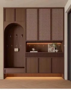 Customizable Entrance Shoe Cabinet with Rattan Mesh Doors Arch Hanging Nook and LED Light Storage Compartment