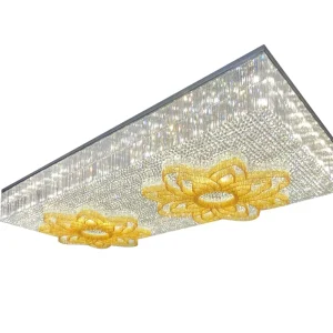 Customizable Large Rectangular Chrome Finish Stainless Steel LED Crystal Surface Mounted Ceiling Lamp for Hotel Wedding