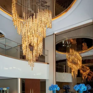 Customizable Luxury Glass LED Long Chandeliers Hotel Lobby Villa Decorative Lighting Golden Glass Staircase Pendant Lights