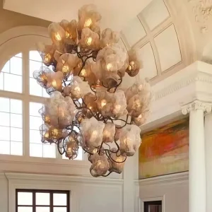 Customizable Luxury Organic Mesh Flower Chandelier Metal Wire Adjustable Height LED Art Pendant Light for Hotel Lobby
