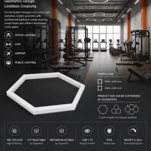 Customized Curved Linear Light Geometrical Shape 100lm/w Dimmable White Black for Gym Commercial or Office Lighting