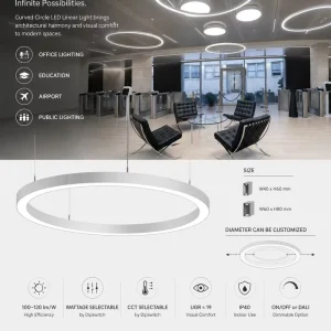 Customized Curved Linear Light Round Shape 100lm/w Dimmable White Black for Office Lighting