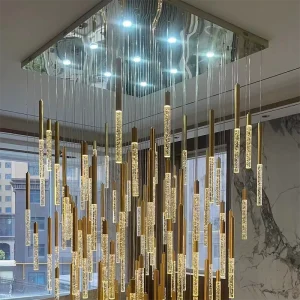 Customized Luxury LED Long Chandeliers Golden Crystal Staircase Pendant Light for Hotel Lobby Villa Customizable Lighting