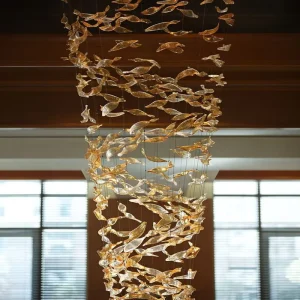 Customized Luxury Modern Hotel Lobby LED Glass Pendant Lights Leaf Shaped Large Ceiling Chandelier Remote Control Amber