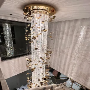 Customized Modern Hotel Lobby Villa Round-shaped Pendant Light Decorative Staircase Hanging Luxury Crystal Pillar Chandelier