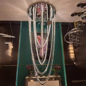 Customized Modern Linear Crystal Pendant Light Transparent Project Stair LED Hanging Lamp Long String Metal Crystal Chandelier