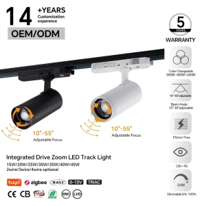 DALI Dimmable Track Light 10-55° Zoomable COB LED 15W-45W for Museum Gallery Retail Store with CE RoHS EMC LVD