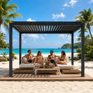 DIY Aluminum Pergola Kit 10x10FT Louvered Roof Freestanding Outdoor Gazebo with Retractable Canopy LED Lights for Backyard