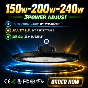 DLC ETL CE Certificate UFO Led High Bay Light 150w 200w 240w Multiple Power 3CCT High Bay Lights Warehouse Gymnasium Lighting