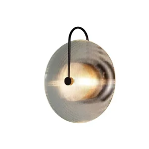 Decorative Iron Black Arm Ribbed Glass LED Wall Light Modern Round Wall Sconce Lamp for Home Office