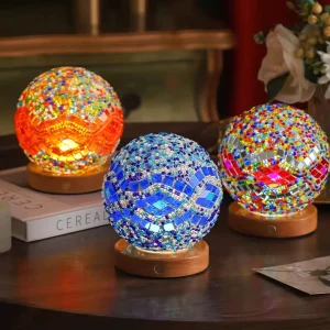 Decorative LED Lampshade Colored Glass Table Lamp Mosaic Floor-standing Wooden Plug-in Baroque Night Lamp