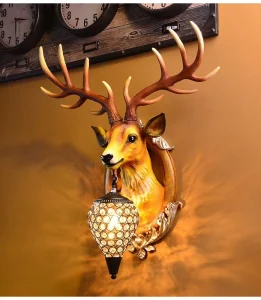 Deer Head European Style Crystal Shade Resin Body LED Wall Lamp for Hotel Living Room Dining Room Stairway Entrance