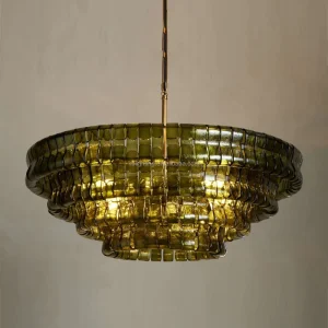 Designer Double Layer Wavy Olive Hand Blown Glass Circular Hanging Chandelier for Coastal Boutique Hotel