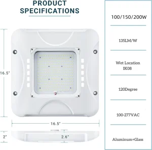 Die Casting Aluminum Tempered Glass LED Canopy Lights For Petrol Station 120 Degree 100w 150W 200W Light Canopy