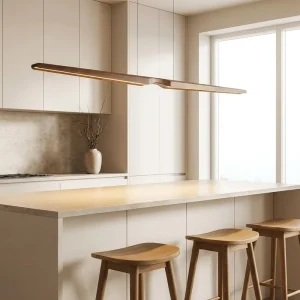 Dimmable Linear Oak Wood Pendant Light 150cm Flat Curve Design LED Kitchen Island Lighting with Adjustable Height