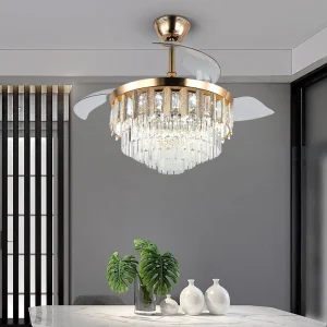 Dimmable with Remote Control 42 Inch 3 Blades Retractable Crystal Iron Design Led Ceiling Light With Fan for Modern Bedrooms