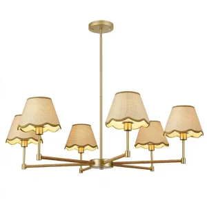 Dining Room Classic 6 Light Candle Chandelier American 39″ Boho Golden Steel Rattan LED Pendant Light for Living Room