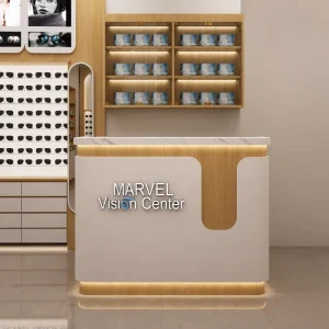 Display Rack Sunglasses Wall Unit with LED Warm Backlight and Brand Ad Lightbox Oak White Optical Store Fixture Counter