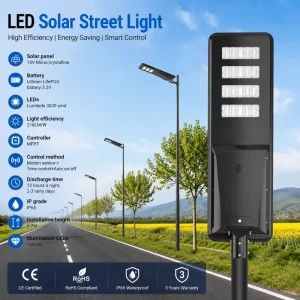 Dusk to Dawn 210LM/W LED Solar Street Light 30W-120W with Controller Lithium Battery for Street Parking Lot Pathway Public Areas