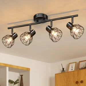 E14 Ceiling Spotlight 4 Way Modern Adjustable Surface Mounted LED Track Light Black Cage Metal for Living Room Kitchen