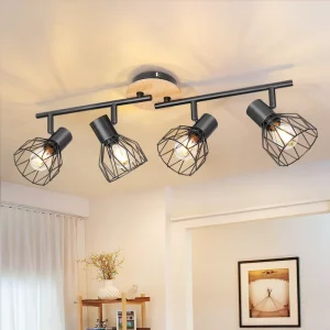 E14 Ceiling Spotlight Adjustable 4 Head Rotatable LED Modern Black Iron Art Wood Base for Home Living Room Shop Indoor