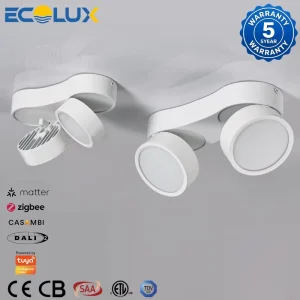 Ecolux CE ETL Surface Aluminum 360 Adjustable Smart Zigbee DALI LED Double Head Downlight CCT Dimmable Mater Tuya Down Light