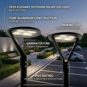 Elegant Outdoor Solar LED Light New Design Pure Aluminum Parking Lot & Garden Fixture IP65 Rating