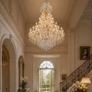 Elegant Tiered Clear Crystal Pendant Light Gold Metal Curved Arm Chandelier for Luxury Villa Grand Hall Big Dining Room