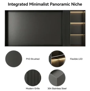 Embedded TV Wall Unit with Vertical Grille & Display Shelves Matte Black Finish