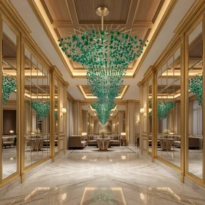 Emerald Green Waterfall Chandelier Custom Cascading Crystal Pendant Light for Luxury Hotel Lobby Hallway