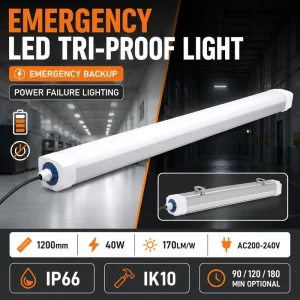 Emergency LED Tri Proof Light with 90 120 180 Minute Backup Options for Warehouses Public Buildings and Car Parks