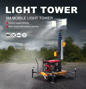 Emergency Night Work Diesel Generator Stabilization Outriggers Manual Winch 2 LED Floodlights Telescopic Mast Light Tower