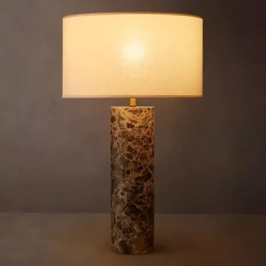Emperador Dark Marble Table Lamp Cylindrical Column Bedroom Nightstand Desk Light for Hospitality Project