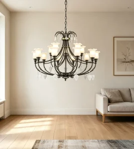 European Classic All Copper LED Chandelier with Glass Shade for Living Room and Staircase