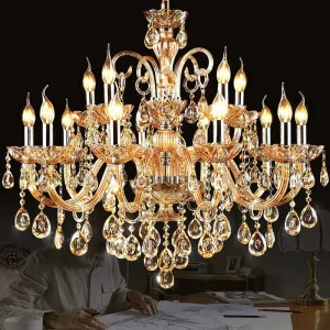 European Golden Crystal Chandelier Candle Style Glass Pendant Light for Classic Living Room Bedroom Villa Dining Room
