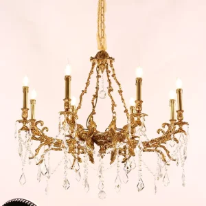 European Vintage Gold Crystal Chandelier 6 Lights LED 2700K Antique Pendant Lamp for Living Room Dining Room