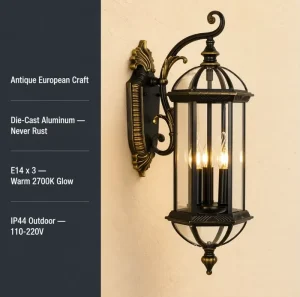 European Vintage Outdoor Wall Lamp IP44 Waterproof Antique Brass Lantern Die Cast Aluminum 3-Light Sconce for Villa Garden