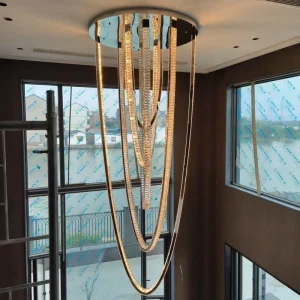 Extra Long Crystal Chandelier Luxury Modern LED Pendant Light for Stairwell Double Height Living Room Villa Lobby