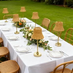 Fabric Table Lamp Wedding Table Light Rattan Lampshade Adjustable Height Restaurant Table Lamps Rechargeable
