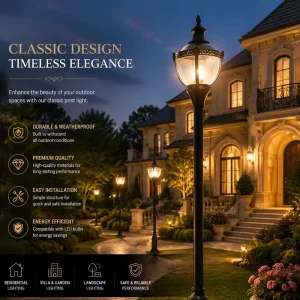 Factory 2M 3M Victorian Aluminum IP65 Waterproof LED Round Lantern Garden Post Light for Residential Park Project