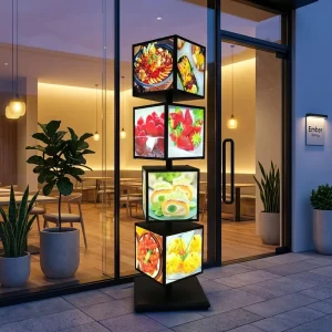 Factory Custom 4 Sided 4 Layers LED Poster Menu Board Cubic Display Advertising Rotating Light Box for Restaurant Cafe Rental