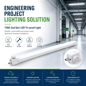 Factory Custom IP65 IK08 LED Tri-proof Light Linkable Sensor Ready European Engineering Linear Fixture 20-60W DALI Dimming