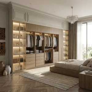Factory Custom Modular Bedroom Wardrobe with Glass Cabinet Doors and Embedded Light Belt