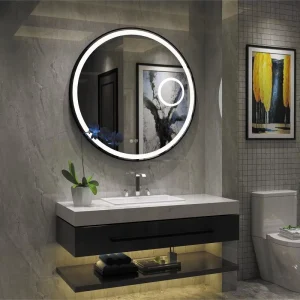 Factory Customized Contemporary Hospitality Illuminated LED Mirror Black Frame 5x Magnifier Smart Touch Sensor Graphic